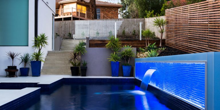 Formed Vision. Water feature in Aqua pattern. LED lit in blue